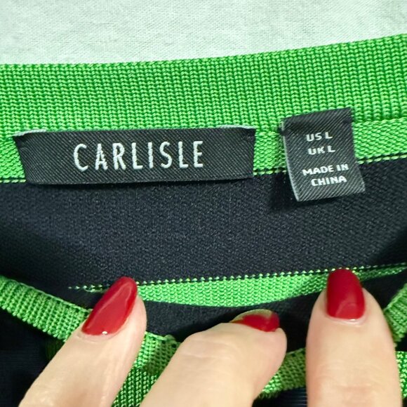 Carlisle Silk Blend Long Sleeve Green Black Stripe Women's Sweater Blouse Size L - Picture 3 of 7